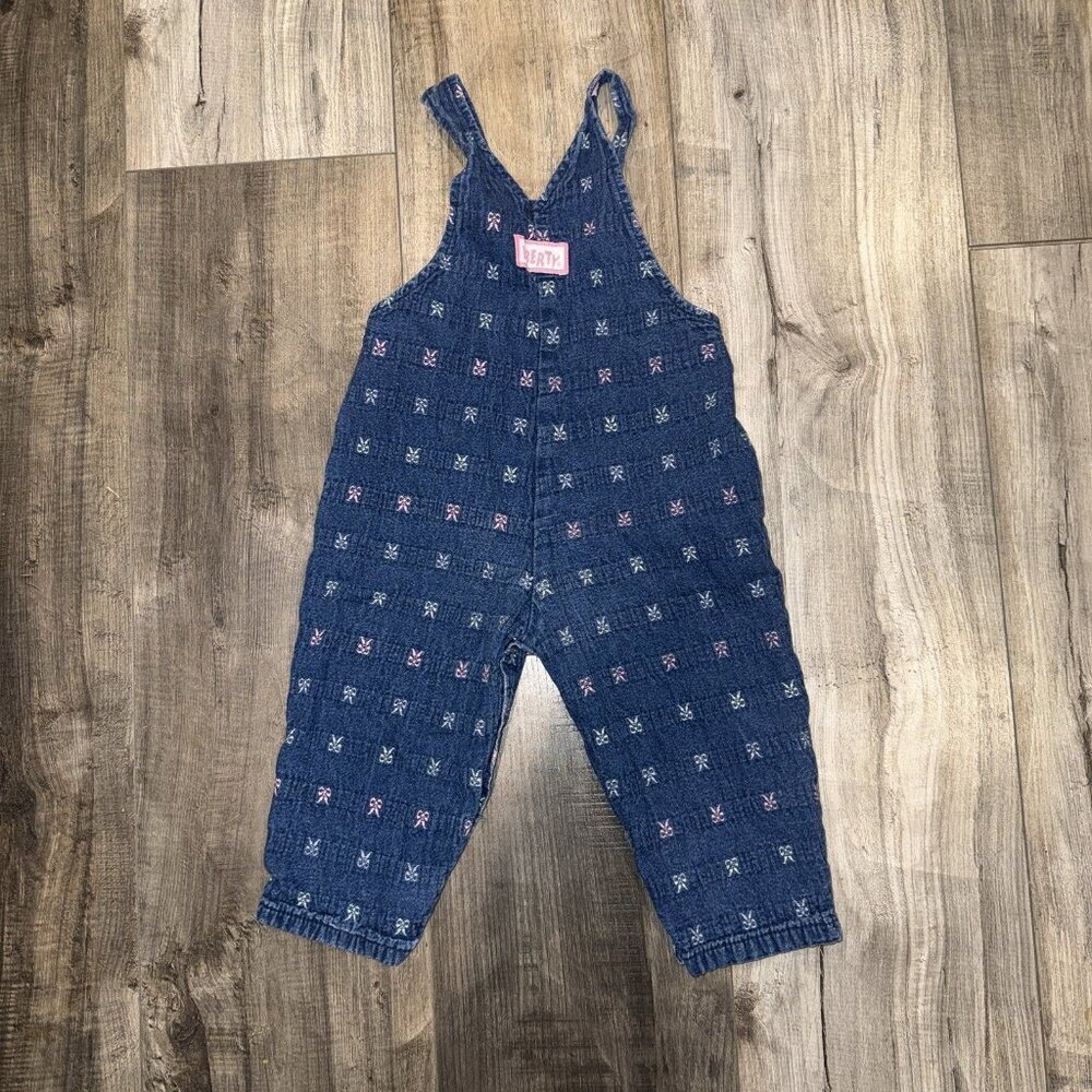 Vintage Liberty 100% Cotton Blue Denim Ribbon Bows Overalls Sz 18M - Picture 2 of 8